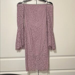 Bardot Solange Lace Off-Shoulder Flare Sleeve Dress in Lavender